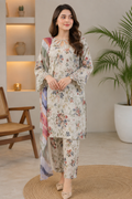 Beige Floral Digital Printed Lawn 3Pc Suit