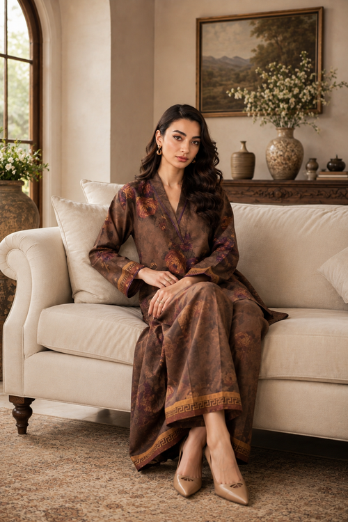 Digital Print Lawn Suit Brown Baroque