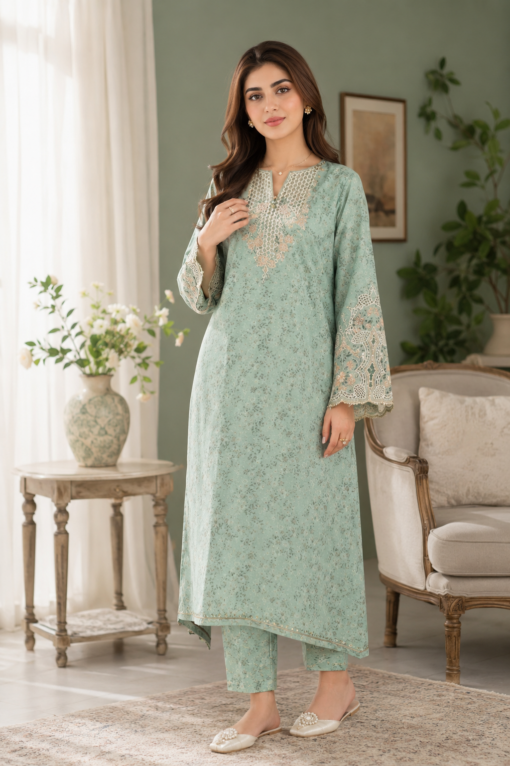 Lawn 3Pcs Mint Green Embroidered Suit