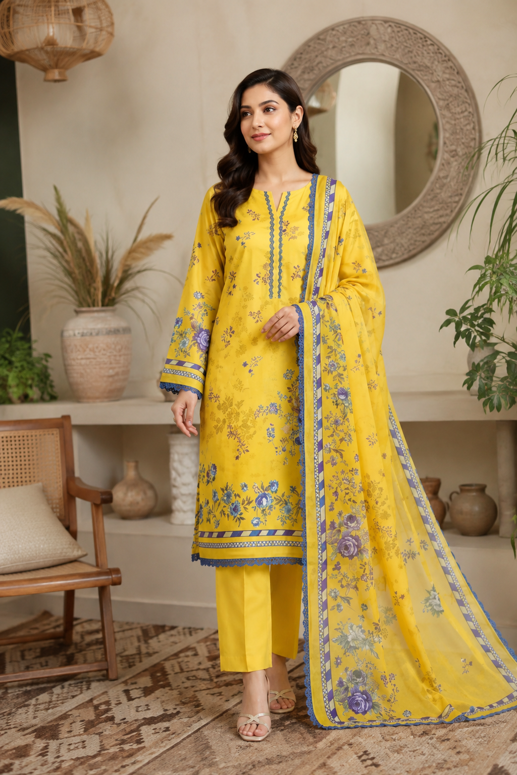 3Pcs Unstitched Yellow Lawn Suit